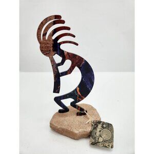 Kokopelli Lazart Enameled Metal Art Figurine On Stone Base 4.5" Native American